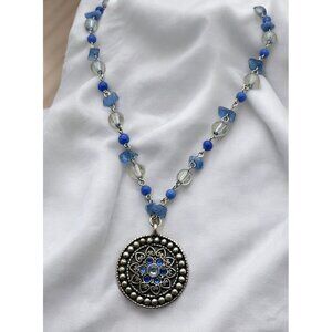 Blue Beaded Necklace with Ornate Silver Tone Flower Pendant Medallion